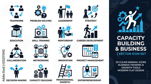 Business icons portray teamwork, problem solving, leadership, career development, training, mentoring, and entrepreneurship growth concepts through modern professional symbols in a clean blue visual.