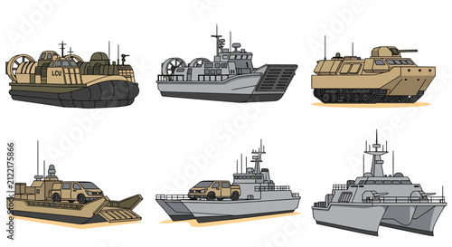 Bild auf Leinwand A set of six illustrations depicting various military vessels including hovercra