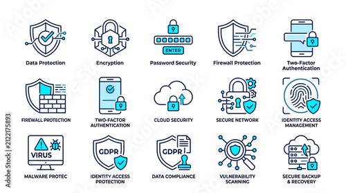 Cybersecurity icons represent essential digital protection measures for secure network infrastructure including encryption, firewall monitoring, cloud safety, password management, and malware defense.
