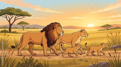 lion family walking savannah sunset
