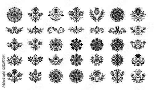 Floral Ornament Icon Set with Damask, Flourish, and Decorative Flower Silhouettes for Vintage, Wedding, and Pattern Designs