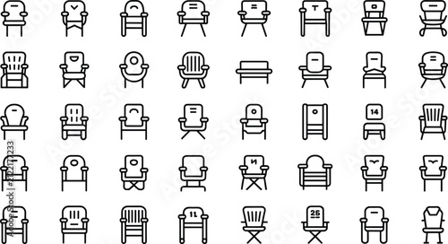 Chair Icon Set Line Art Office Furniture Vector Collection Minimal Outline Style Swivel Task Executive Seat Symbols