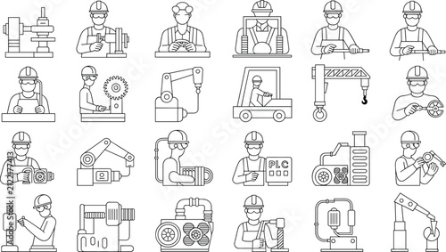 Industrial Worker Line Icon Collection Featuring Construction, Manufacturing, Mechanical Engineering, Factory Equipment and Editable Stroke Outline Vector Icon Set