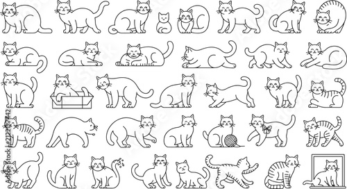 Cat Line Icon Collection Featuring Playful Feline Poses, Pet Activities, Sitting, Sleeping and Editable Stroke Outline Vector Icon Set