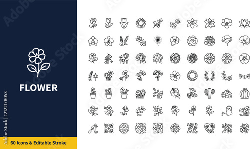 Flower Line Icon Collection Featuring Floral Elements, Botanical Plants, Garden Blossoms and Editable Stroke Outline Vector Icon Set