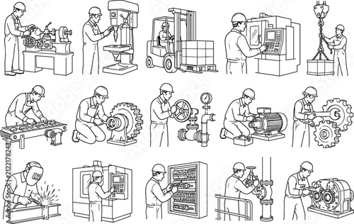 Industrial Worker Line Icon Collection Featuring Machine Operation, Manufacturing, Mechanical Engineering and Editable Stroke Outline Vector Illustration Set