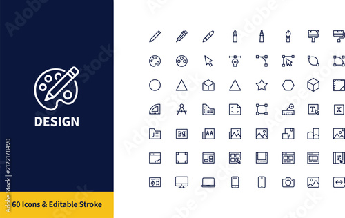 Design Line Icon Collection Featuring Graphic Design Tools, Creative Editing, UI Elements and Editable Stroke Outline Vector Icon Set