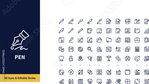 Pen Line Icon Collection Featuring Writing Tools, Stationery, Document Editing, Creative Design and Editable Stroke Outline Vector Icon Set