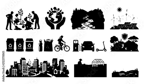 Sustainability Icon Set with Green City, Recycle, Electric Car, and Eco Friendly Silhouette Scenes for Environment Designs