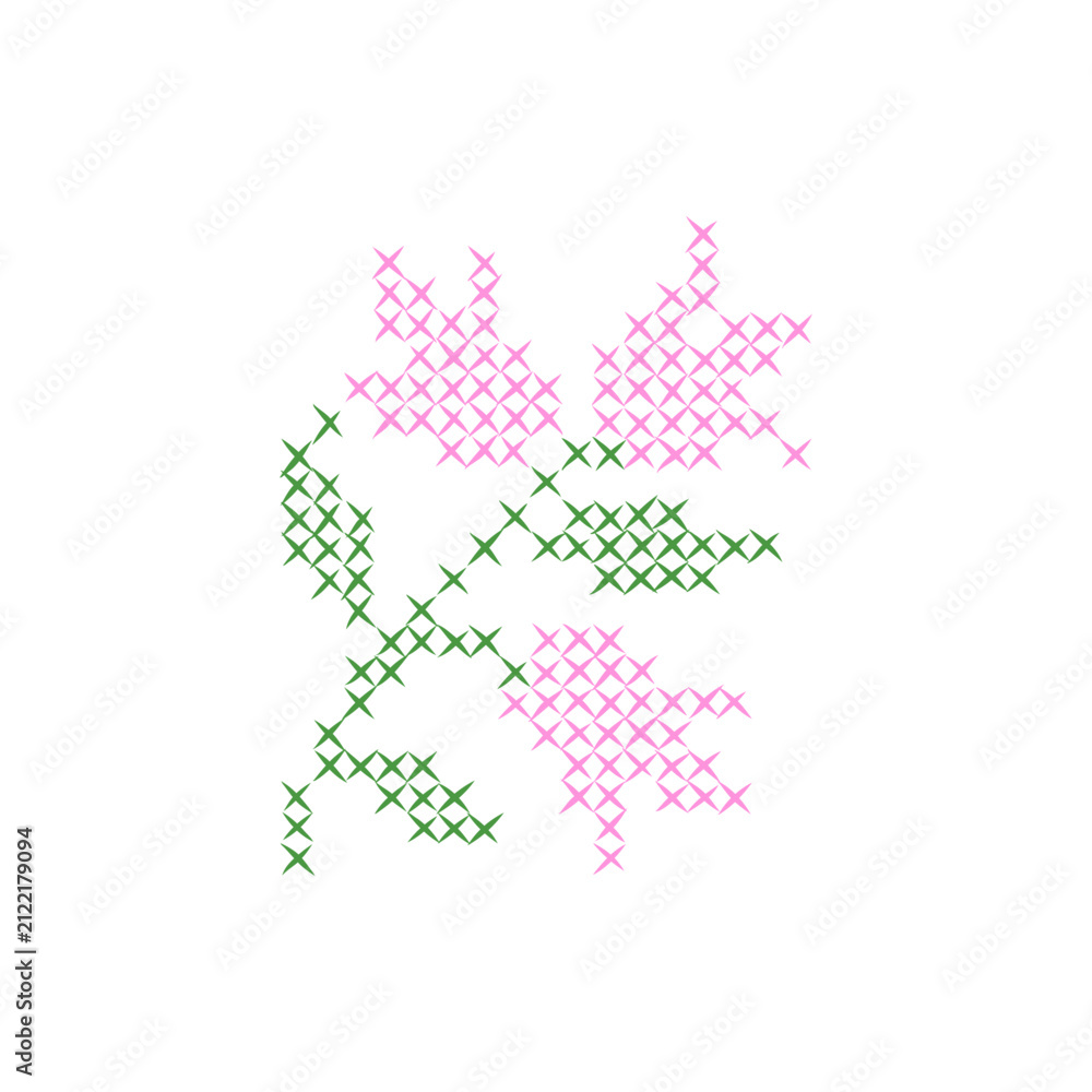 Fototapeta premium Embroidered cross-stitch bellflower. Hand drawn retro hatch folk motif. Vector isolated shape.