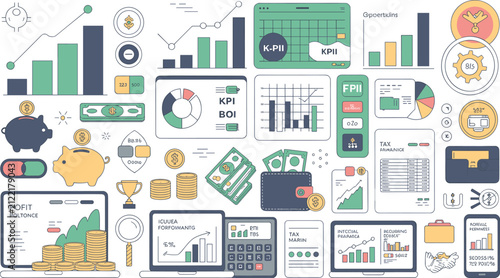 Business Analytics and Finance Icon Collection Featuring Data Visualization, Financial Growth, Marketing, Investment and Corporate Strategy Flat Vector Illustration Set