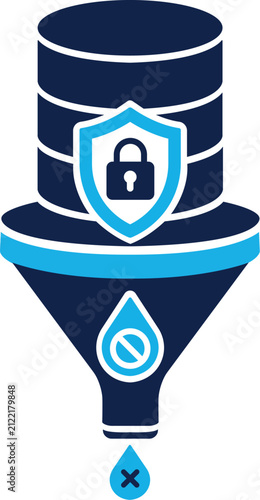 Data Leakage Prevention DLP Concept Icon featuring Secure Database Cylinder Funnel Filter and Blocked Data Loss Badge