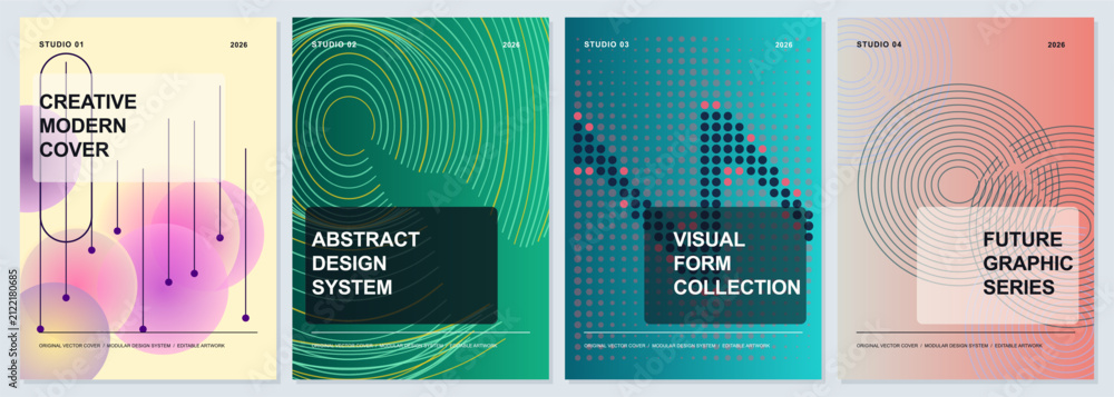 Naklejka premium Set of four abstract modern graphic design posters with geometric art
