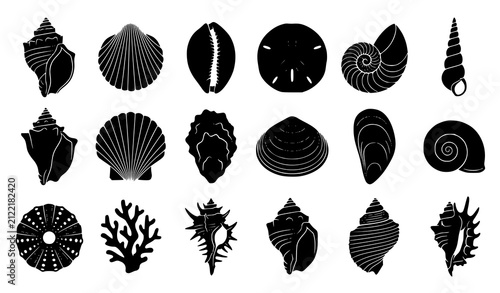 Ocean Seashell Black Silhouette Collection for Summer Beach Decoration CAD Vector Set