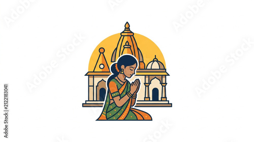 Фотография Traditional Indian Woman Praying at Temple Illustration.
