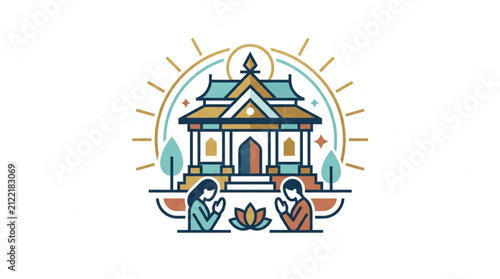 Obraz na płótnie Traditional Asian Temple with Worshippers and Lotus Flowers.