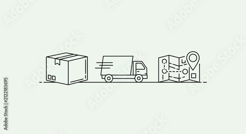 Delivery truck with package and map, logistics and shipping concept, line art illustration