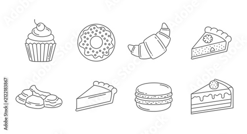 Assortment of Delicious Pastries and Desserts in Outline Style