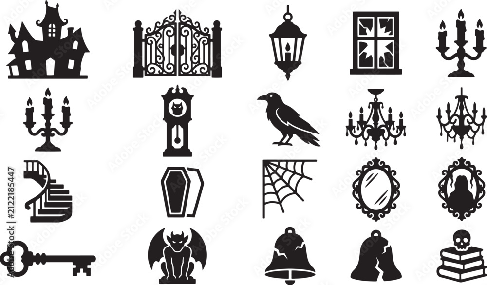 Fototapeta premium Haunted house and spooky gothic horror vector icons set, mansion, iron gate, raven, grandfather clock, chandelier, and eerie symbols in solid black glyph style