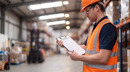 Warehouse Worker in Safety Gear Reviewing Inventory Checklist Amidst Shelves of Stocked Goods in a Busy Storage Facility, copy space