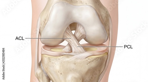 Anatomical view of the human knee joint highlighting the anterior and posterior cruciate ligaments.