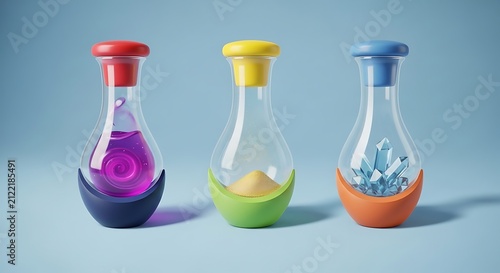 Colorful stylized flasks containing liquid, sand, and crystals on a blue background.