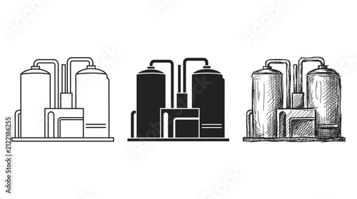 Three Water Treatment Plant Icons: Outlined, Solid Black, and Hand-Drawn Sketch of Industrial Facilities