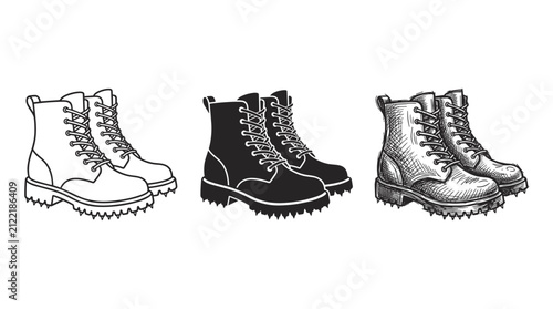 Three pairs of logger boots, shown in outline, solid black, and hand-drawn sketch styles, representing workwear, ruggedness, and outdoor utility footwear on a white background.