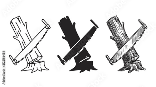 Принти на полотні Three black and white crosscut saws on felled tree trunks: outline, solid silhou