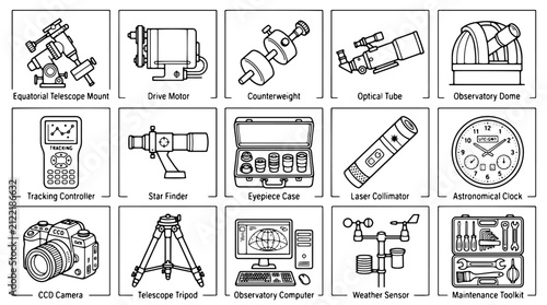 Fotografie Astronomy equipment line icons, 15 telescope accessories and observatory tools v