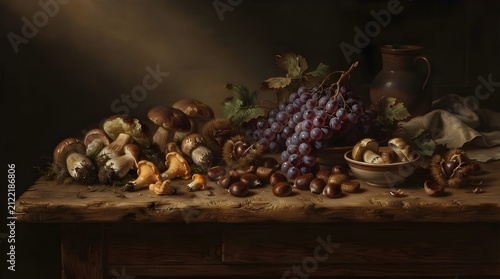 Autunno: composizione o natura morta con funghi porcini, castagne ed uva