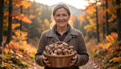 Autunno: donna di montagna che raccoglie funghi porcini