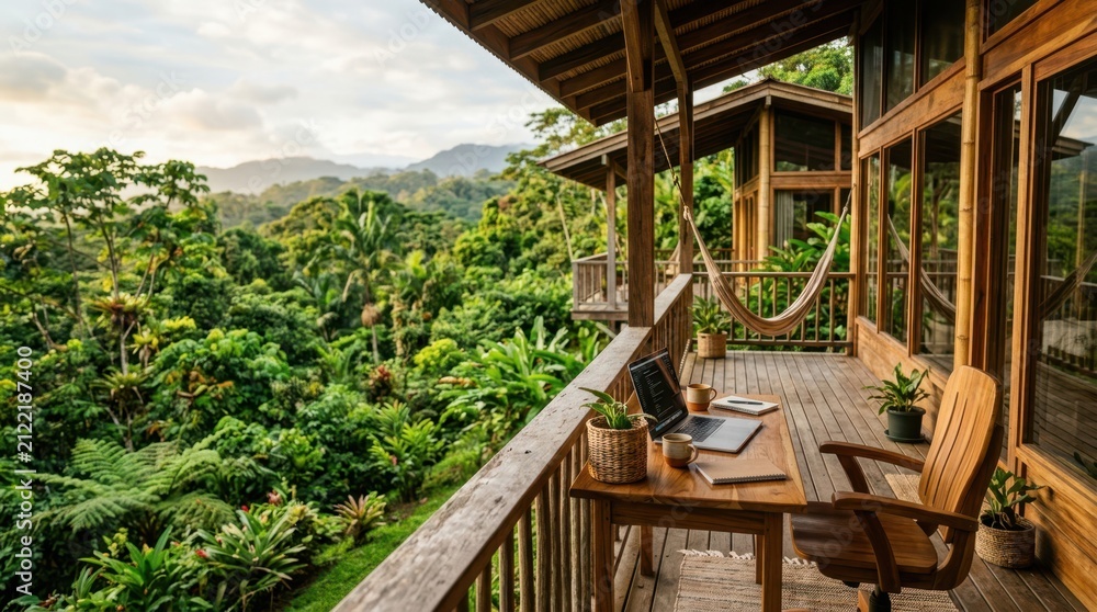 Obraz premium Remote work setup on a wooden balcony overlooking a lush tropical rainforest