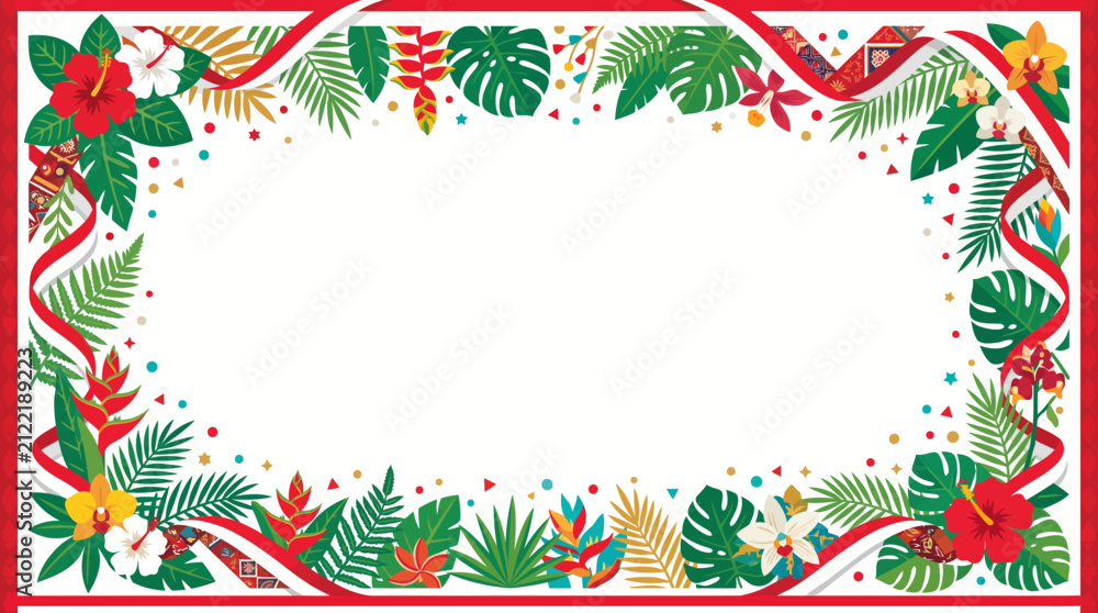 Fototapeta premium Indonesian Independence Day Tropical Floral Frame Background with Red and White Ribbon