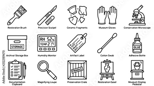 Fotografie Museum restoration and artifact conservation icon set, 15 professional archaeolo