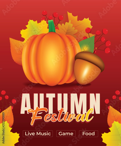 Pumpkin Autumn Background with Golden Maple Leaves and Copy Space