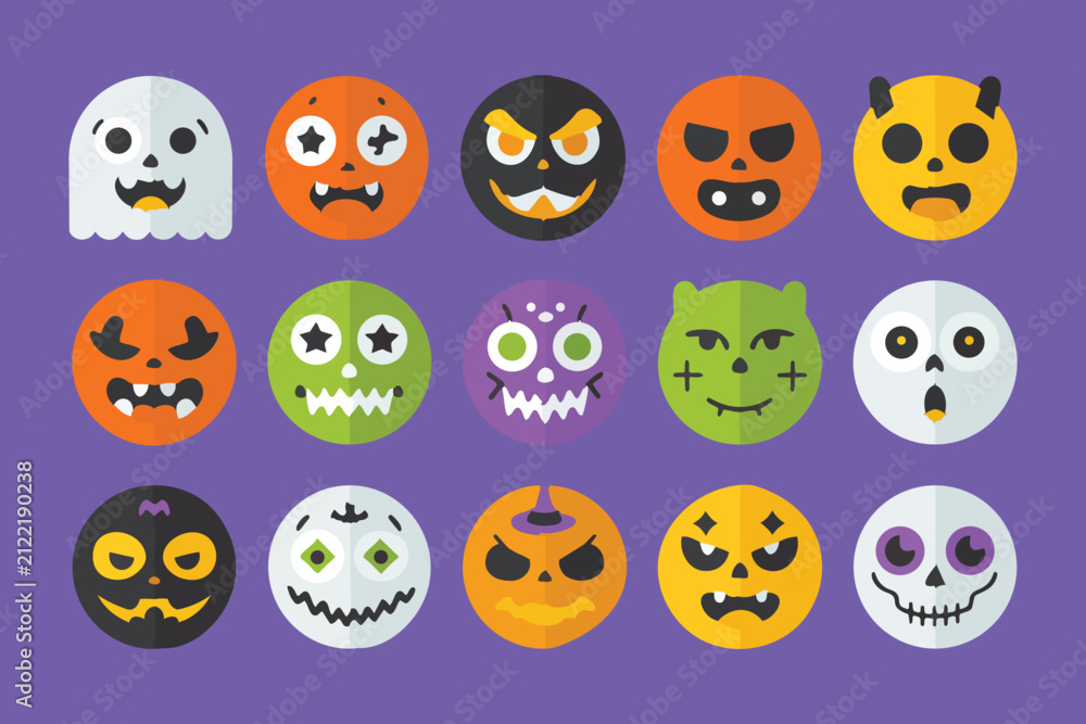 Fototapeta premium Set of colorful halloween flat icons with spooky characters and funny expressions on purple base