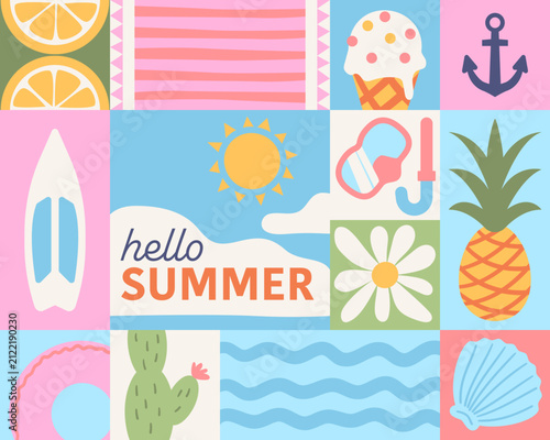 Summer pattern. Flat cartoon vector illustration. Seamless pattern. 