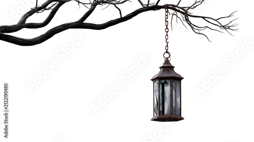 broken lantern hanging from a dark branch, halloween decoration, realistic textured render, subtle reflections, high resolution, isolated on white background