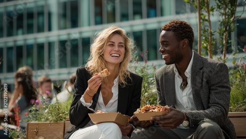 Caucasian woman and African man enjoying street food together while seated on a wooden bench surrounded by greenery in an urban outdoor setting