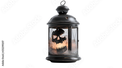 broken lantern with fog drifting around it, halloween decoration, ultra realistic 3D render, glossy texture, studio lighting, isolated on white background