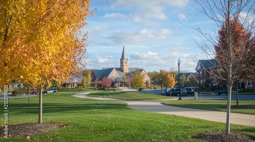 A rural town square with a small park, a church steeple in the background, and a few cars parked along the road.