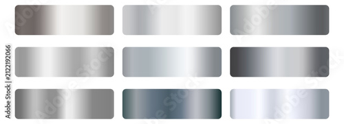 Silver metal gradient swatch set. Chrome, platinum, slate, pewter, charcoal foil shades. Glossy horizontal bands, dark to light. For badge, label, ribbon, frame. Vector metallic texture palette.