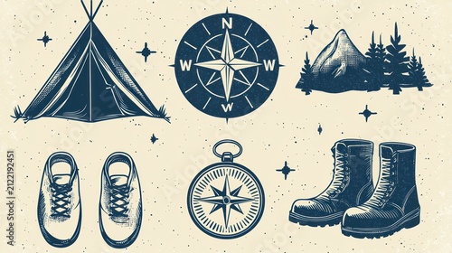 A set of wilderness icons including a tent, compass, and hiking boots.