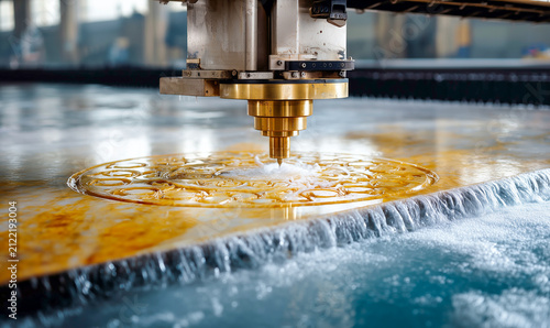 A top down panoramic view of a CNC waterjet machine cutting a decorative pattern on quartz slab