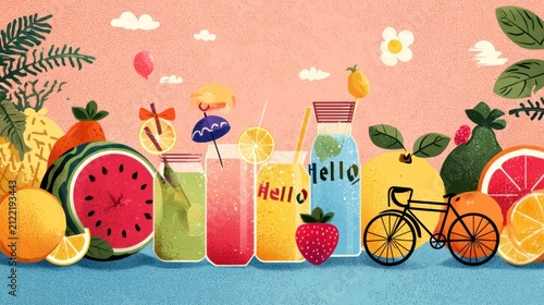 A summer vector with vibrant colors featuring fruits, drinks, and outdoor activities in a fun and playful style.