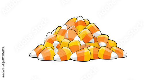candy corn pile with fog drifting around it, halloween decoration, flat vector illustration, clean bold outlines, minimal shading, isolated on white background