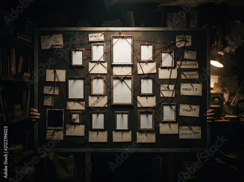 Empty headshot frames on a detective board. Investigation wall with blank photos and red thread.