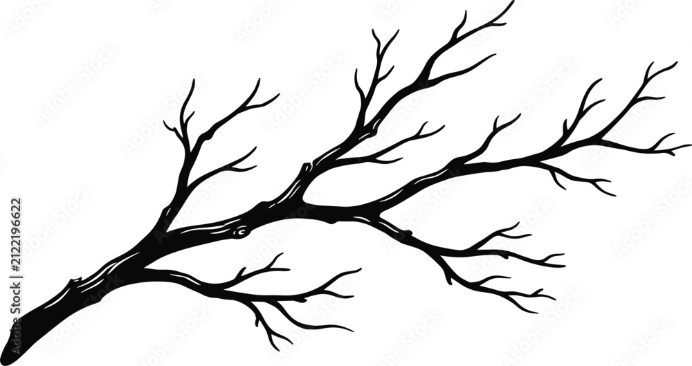 Fototapeta premium Dry Bare Tree Branch Black Silhouette Vector Illustration with Gnarled Twigs for Autumn Forest Backgrounds, Winter Decor, and Spooky Halloween Graphic Designs