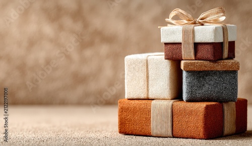Stack of four decorative gift boxes in various colors including white, brown, and orange, arranged on a textured surface with a neutral background